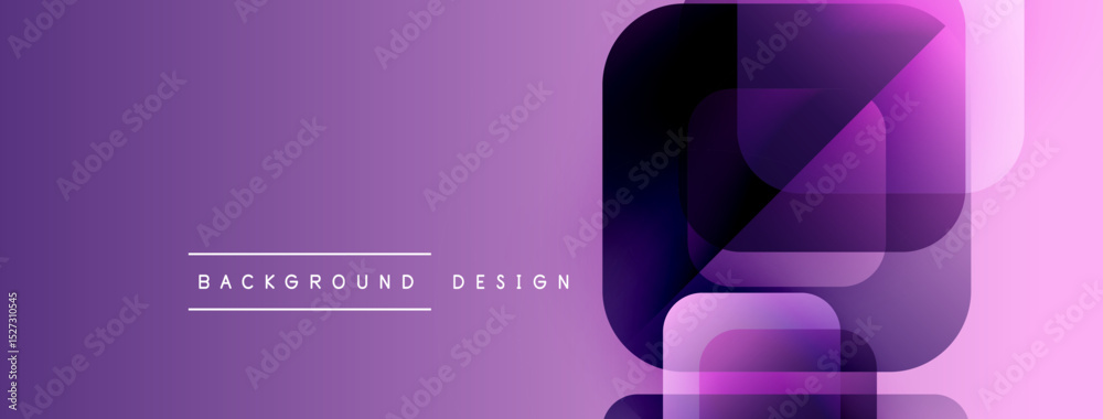 Poster Purple gradient background features overlapping square shapes. Modern design elements create abstract visual effect. Minimalist style.