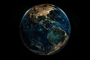 realistic Earth globe with glowing digital data streams and network connections across continents, high-tech global communication, dark background
