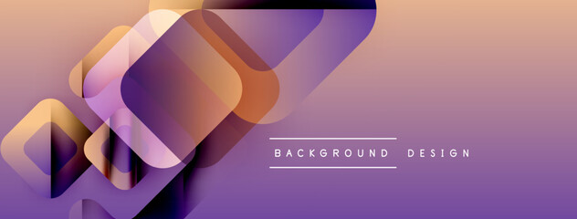 Abstract geometric shapes overlap, creating layered purple, orange gradient. Modern design element for backgrounds, presentations.