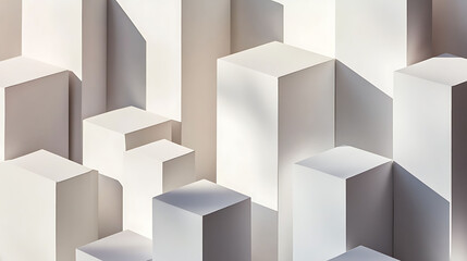 A group of large and small white cubes arranged in a pattern that suggests a 3D structure, with the lighting casting dramatic shadows that add depth to the white background,