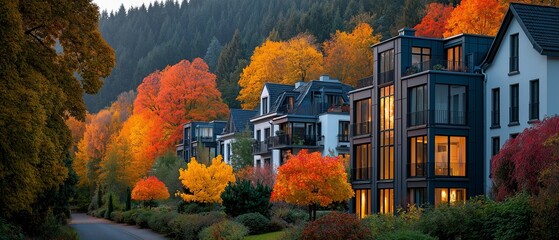 vibrant autumn foliage and recently constructed opulent homes in a neighbourhood