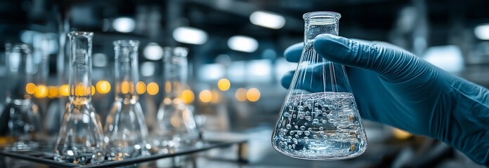 In a chemical lab, a scientist's hand holds a flask full of lab glassware, while scientific lab apparatus is seen in the background.