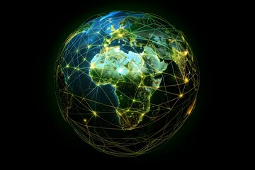 realistic Earth globe with glowing digital data streams and network connections across continents, high-tech global communication, dark background
