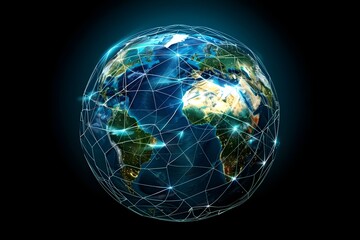 realistic Earth globe with glowing digital data streams and network connections across continents, high-tech global communication, dark background
