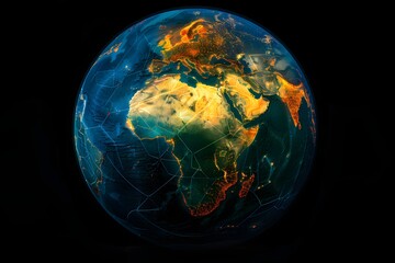 realistic Earth globe with glowing digital data streams and network connections across continents, high-tech global communication, dark background
