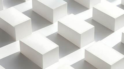 A series of perfectly aligned white cubes with subtle shadows casting on a pristine white background, creating a minimalist and modern aesthetic,