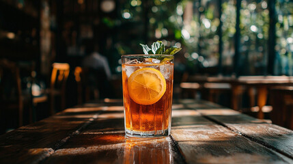 A refreshing cocktail with a lemon slice and mint leaves on a wooden table