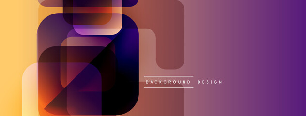 Abstract geometric shapes overlap, creating vibrant color gradients. Purple, orange hues dominate design. Modern aesthetic.