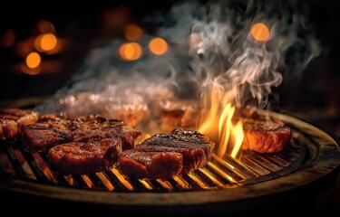 Juicy slices are cooked to perfection, and smoke and flames rise.