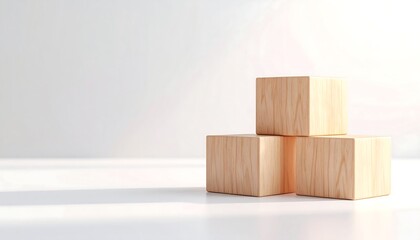 A minimalist scene featuring three stacked wooden blocks on a bright surface with a cast shadow.