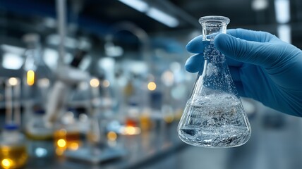 In a chemical lab, a scientist's hand holds a flask full of lab glassware, while scientific lab apparatus is seen in the background.