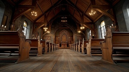 Inside of a church, showing the wooden benches