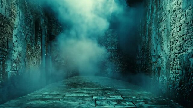 Mystical, fog-shrouded alleyway with ancient stone walls and a cobblestone path