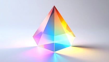A vibrant glass prism refracts light into a rainbow spectrum on a light background.