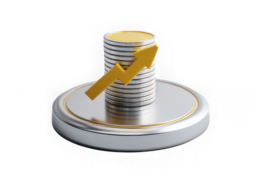 Stacked coin, yellow arrow, finance growth, investment, silver base