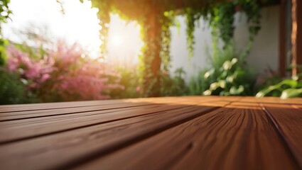 Fototapeta premium Warm sunlight bathes a rich brown wooden table, nestled in a vibrant garden