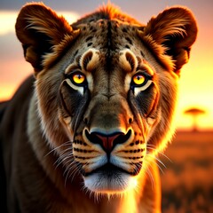 Close-up of a lion’s intense golden eyes reflecting the savannah at sunset, ultra-detailed, 8K.