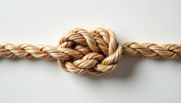 Thick rope tied in a nautical knot on a white background  