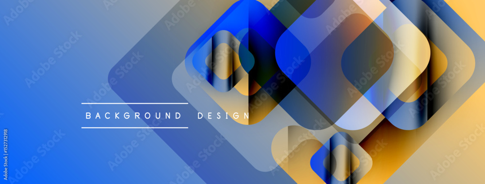 Poster abstract geometric shapes overlap, creating vibrant blue, yellow gradients. modern design elements s