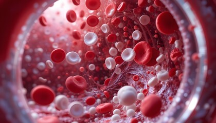 Macro View of Platelets and White Blood Cells in Human Bloodstream