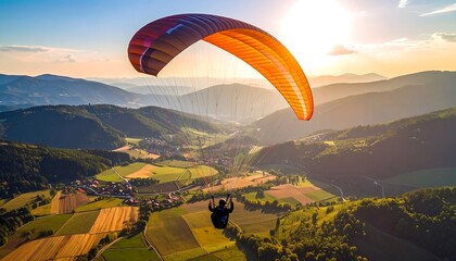 Paraglider Soaring Over Sunset Landscape