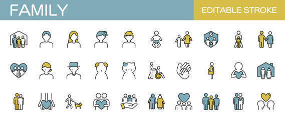 Family line icons set – Includes parents, children, pregnant, elderly and love. Editable stroke. Colored vector illustration.