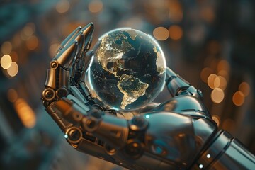 robotic hands gently holding the planet Earth with holographic overlays, symbolizing AI and sustainability, soft ambient lighting