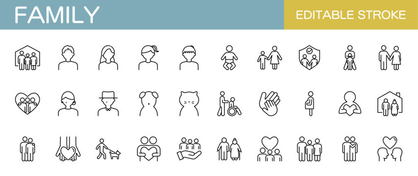 Family line icons set – Includes parents, children, pregnant, elderly and love. Editable stroke. Vector illustration.