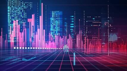 Abstract digital landscape with vibrant data visualizations and futuristic city skyline at night - Powered by Adobe