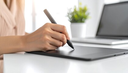 Hand using stylus on graphic tablet near laptop in office workspace.
