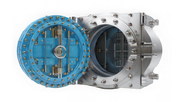 Open bank vault door, secure steel safe, financial security concept
