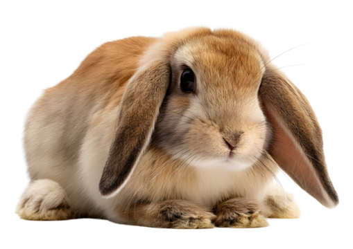 Fluffy rabbit sitting quietly isolated on transparent background in high resolution PNG