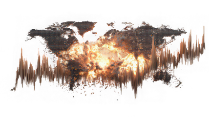 Global finance crisis with fire, world map, and volatile stock
