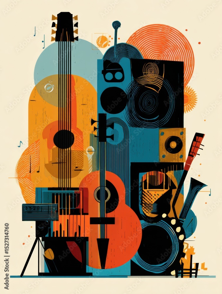 Poster understanding hispanic contributions to music and art through vibrant graphics and unique designs