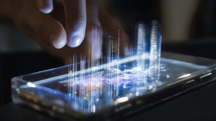 A finger touching a smartphone displaying a holographic cityscape projection with futuristic technology