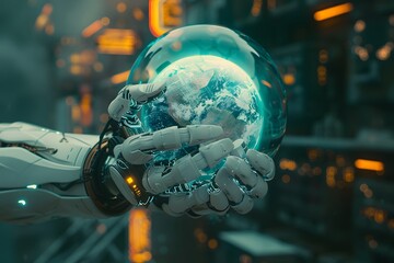 robotic hands gently holding the planet Earth with holographic overlays, symbolizing AI and sustainability, soft ambient lighting
