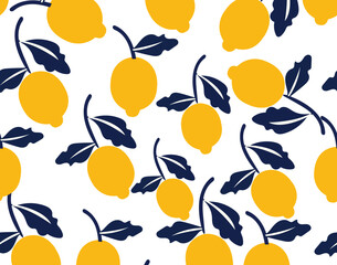 Tropical seamless pattern with yellow lemons. Fruit repeated background. Vector bright print for fabric or wallpaper.