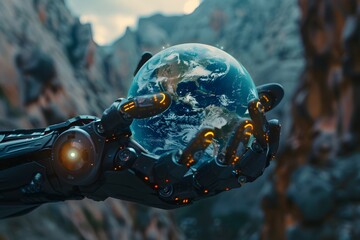 robotic hands gently holding the planet Earth with holographic overlays, symbolizing AI and sustainability, soft ambient lighting
