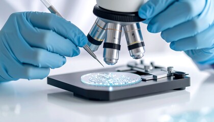Scientist's gloved hands using a microscope to examine a sample in a petri dish in a laboratory setting.