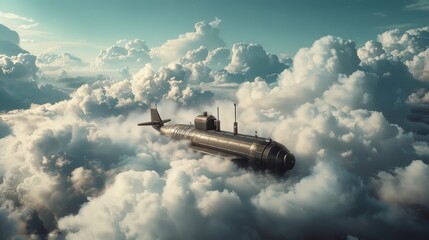 Vapor-like submarine emerging from ocean waves, blending with the clouds above.