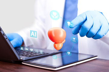 Urologist doctor using AI technology on laptop for prostate diagnosis, digital health innovation in...