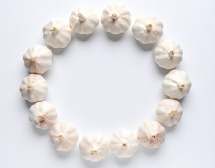 AI generated crisp image of plump fresh garlic bulbs arranged in circular formation with glistening water droplets, showcasing their pearly white cloves and papery skins against clean white background