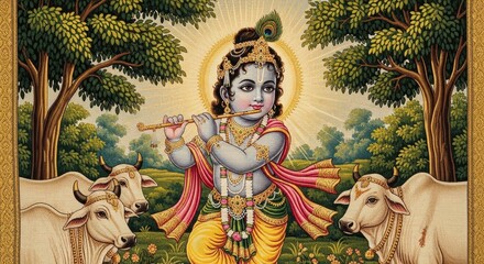 Krishna hindu god flute cows peacock feather religious art deity mythology india