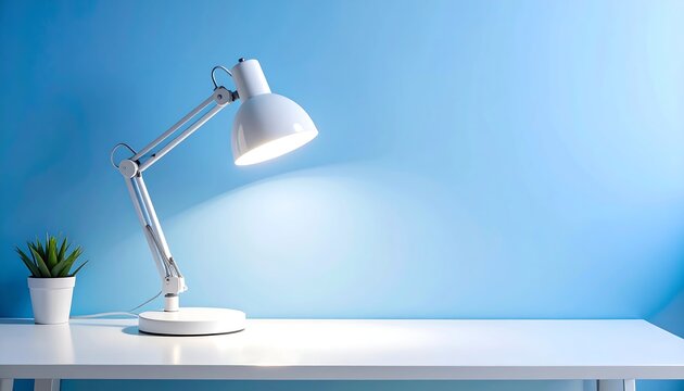 White desk lamp illuminating a clean white table against a soft blue wall with a small plant. - Powered by Adobe