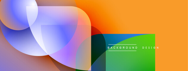 Abstract vibrant design features overlapping circles, gradients. Orange, blue, green hues create modern visual impact. Minimal text present.