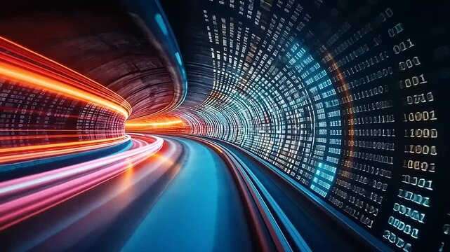 Futuristic tunnel with vibrant light trails and binary code, symbolizing data transfer and technology