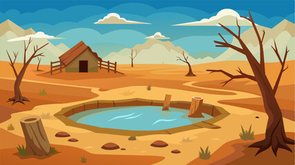 A desolate scene greeted the eye as the once vibrant pond in the farmyard had dried up due to water scarcity.. Vector illustration