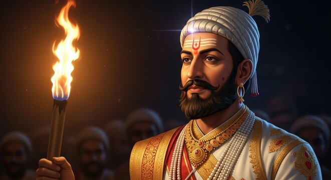 Shivaji maharaj portrait holding torch illustration maratha leader india art