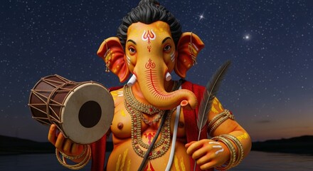 Ganesha hindu god elephant deity drum feather india religion spirituality art