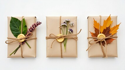 Three wrapped gifts decorated with flowers and leaves on a white background